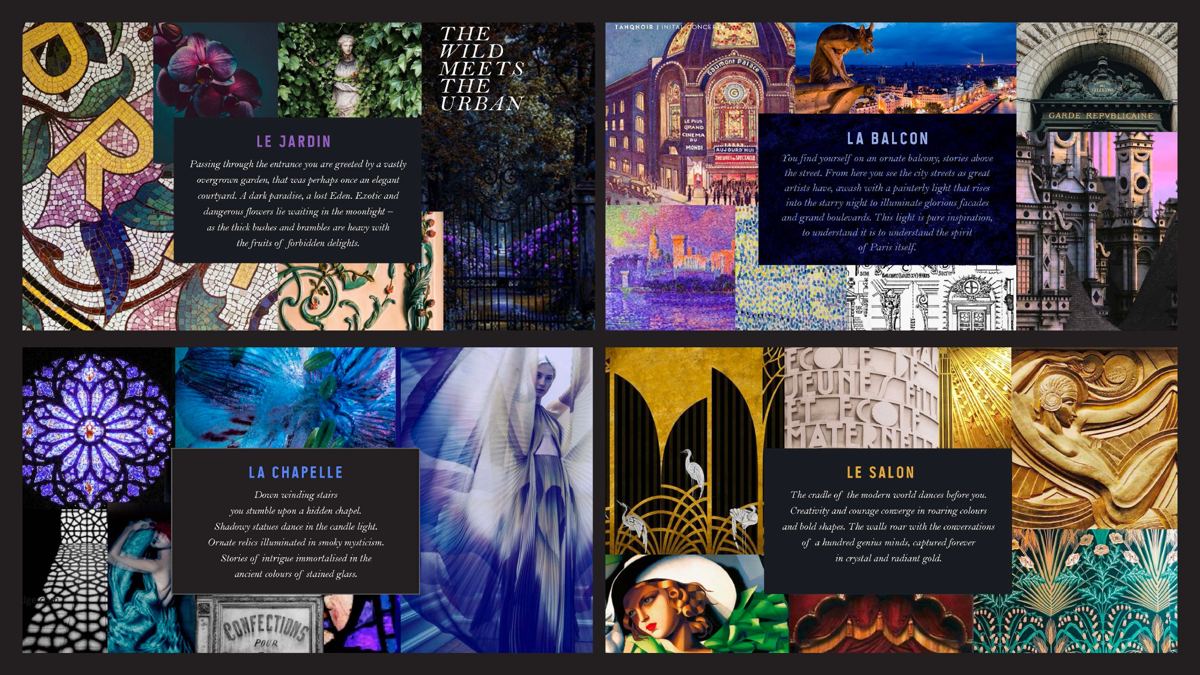 Diageo, Tanqueray Blackcurrant Royale: Creative territories: Le Jardin, La Balcon, La Chapelle, Le Salon