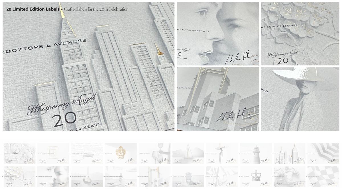 Château d'Esclans, Whispering Angel 20th Anniversary: Crafted embossed details on the 20 labels